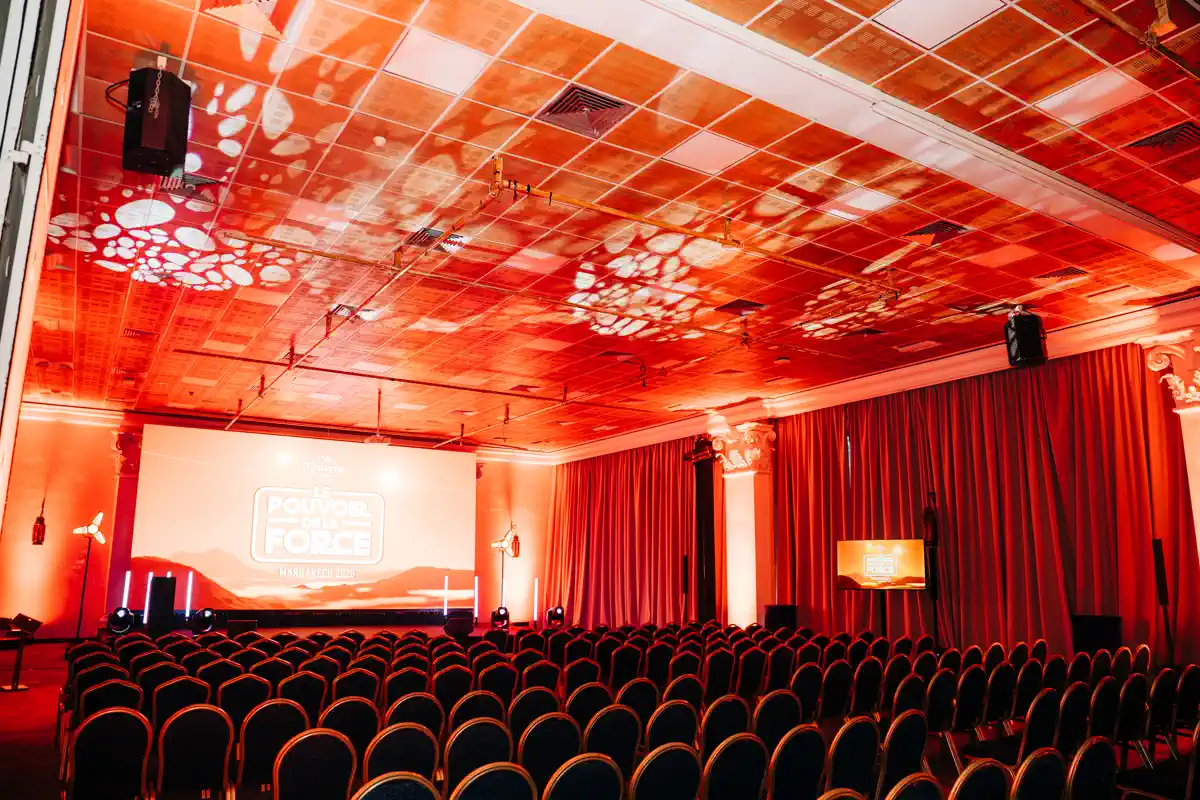 Conference plenary stage and seating managed by Morocco Quest for a convention in Marrakech