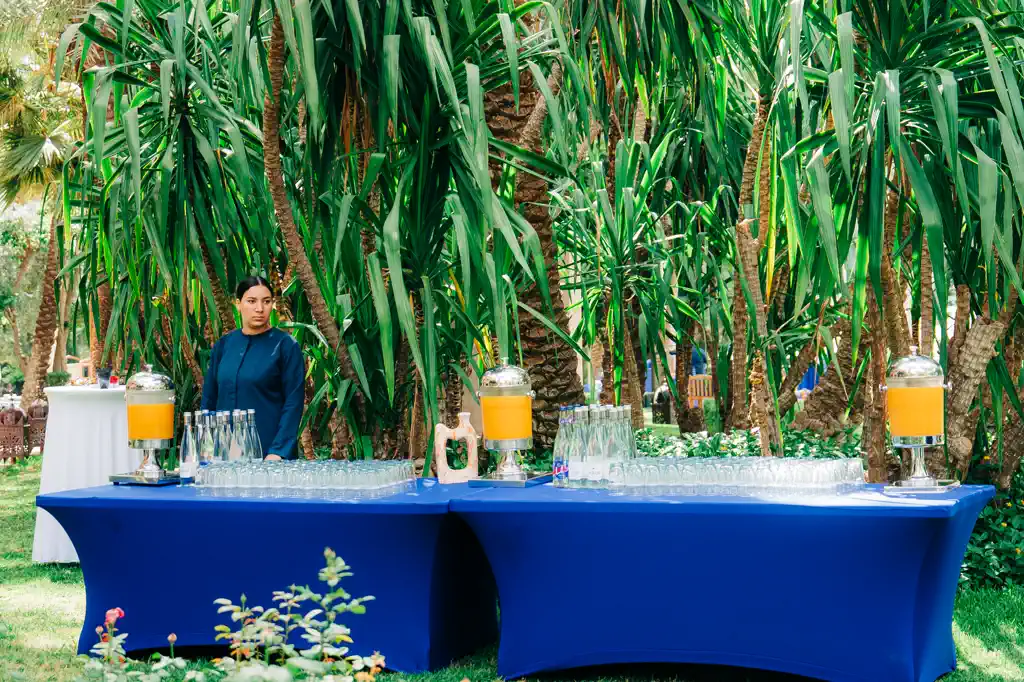 Garden catering and beverage station staffed by Morocco Quest at a corporate congress in Morocco