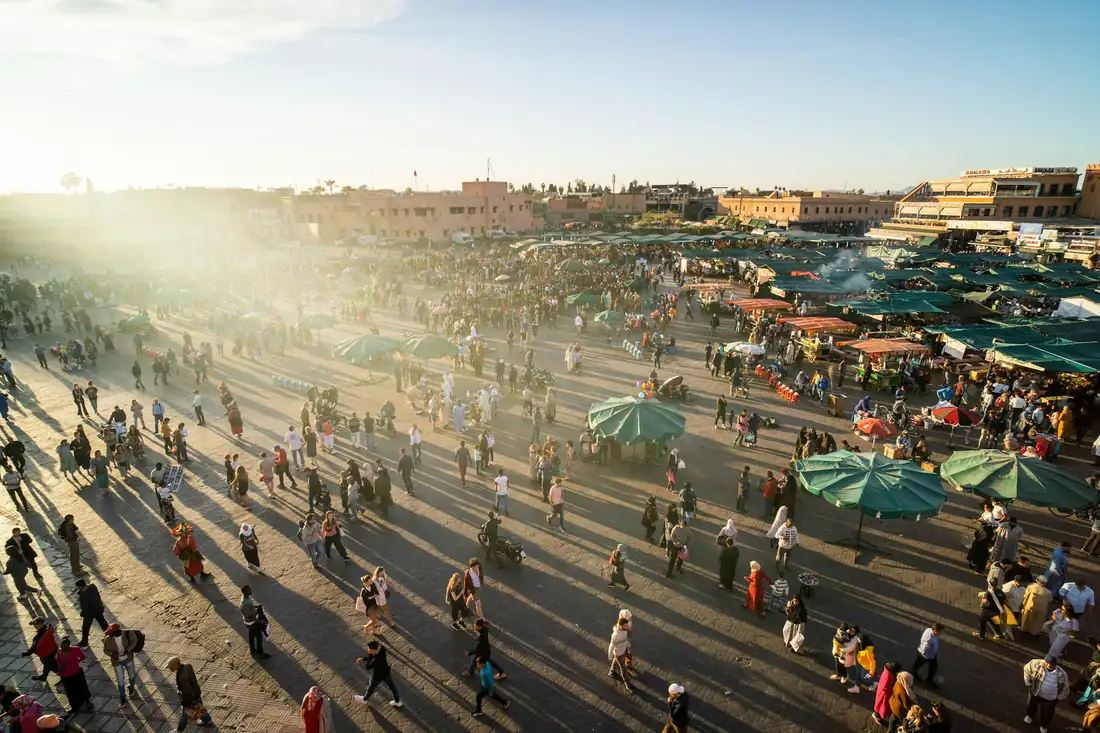 Rooftop view over Jemaa el-Fna in Marrakech, host city for Morocco Quest conventions