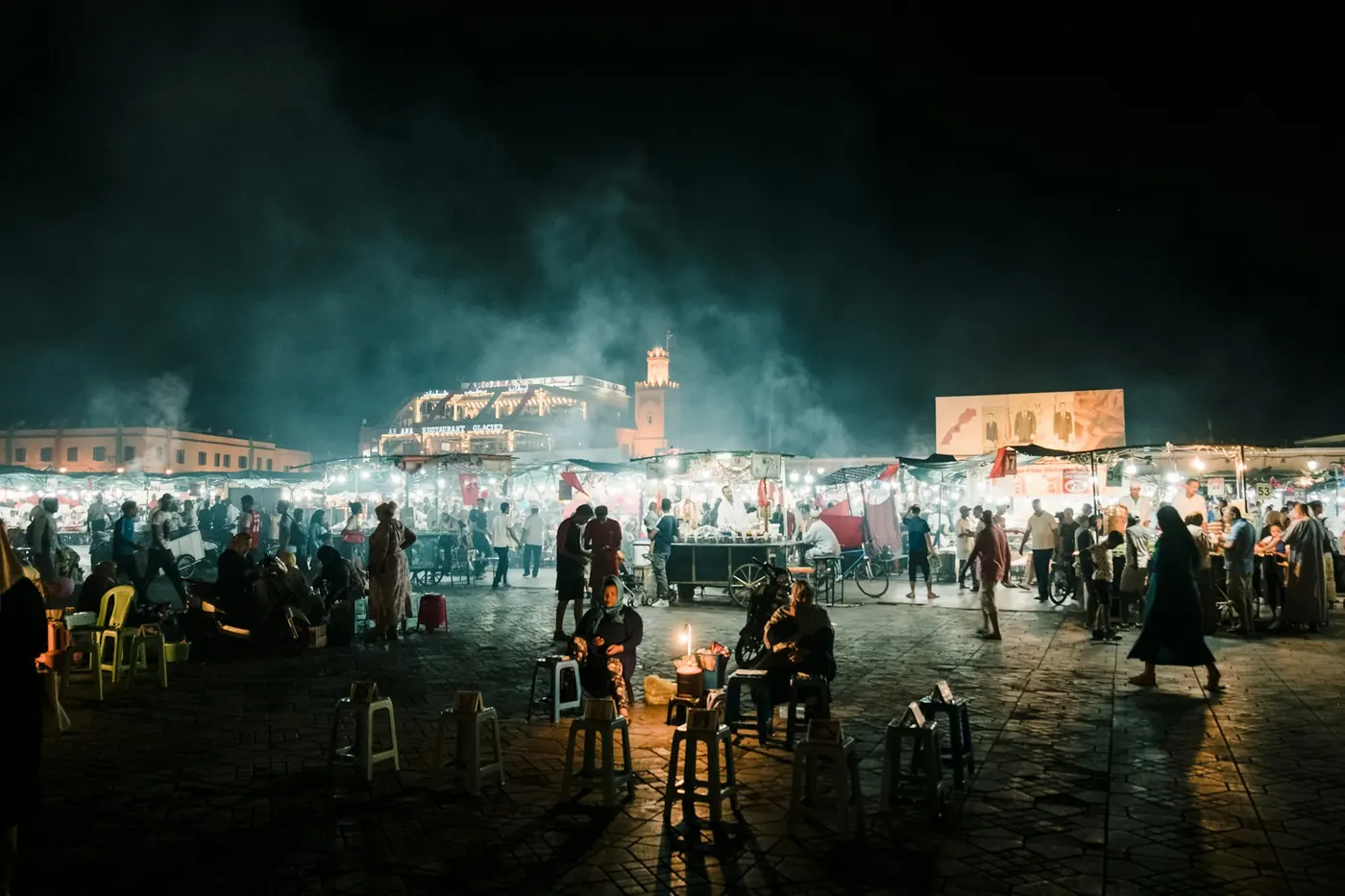 Jemaa el-Fna night market in Marrakech, backdrop for Morocco Quest event productions