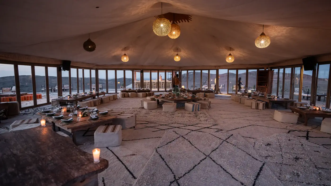 End-to-end luxury Berber tent gala dinner delivered by Morocco Quest in the Agafay desert